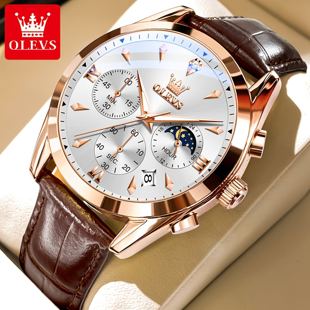 Men's Luxury Luminous Quartz Watch with Date & Day Display, Stainless Steel Case & PU Leather Strap, Rose Golden Accents - Business Casual Wristwatch for Formal & Casual Attire