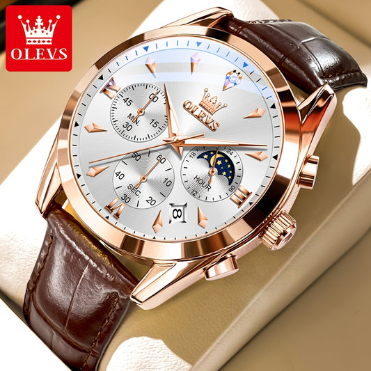 Men's Luxury Luminous Quartz Watch with Date & Day Display, Stainless Steel Case & PU Leather Strap, Rose Golden Accents - Business Casual Wristwatch for Formal & Casual Attire