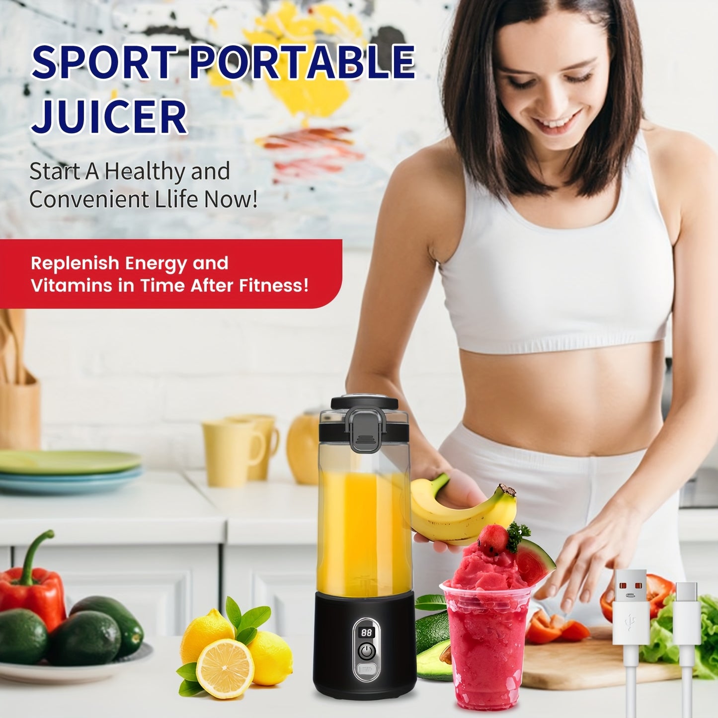 Portable Smart Smoothie Blender – 6-Blade Stainless Steel, Digital Timer & Battery Display | USB-C Fast Charge Personal Juicer