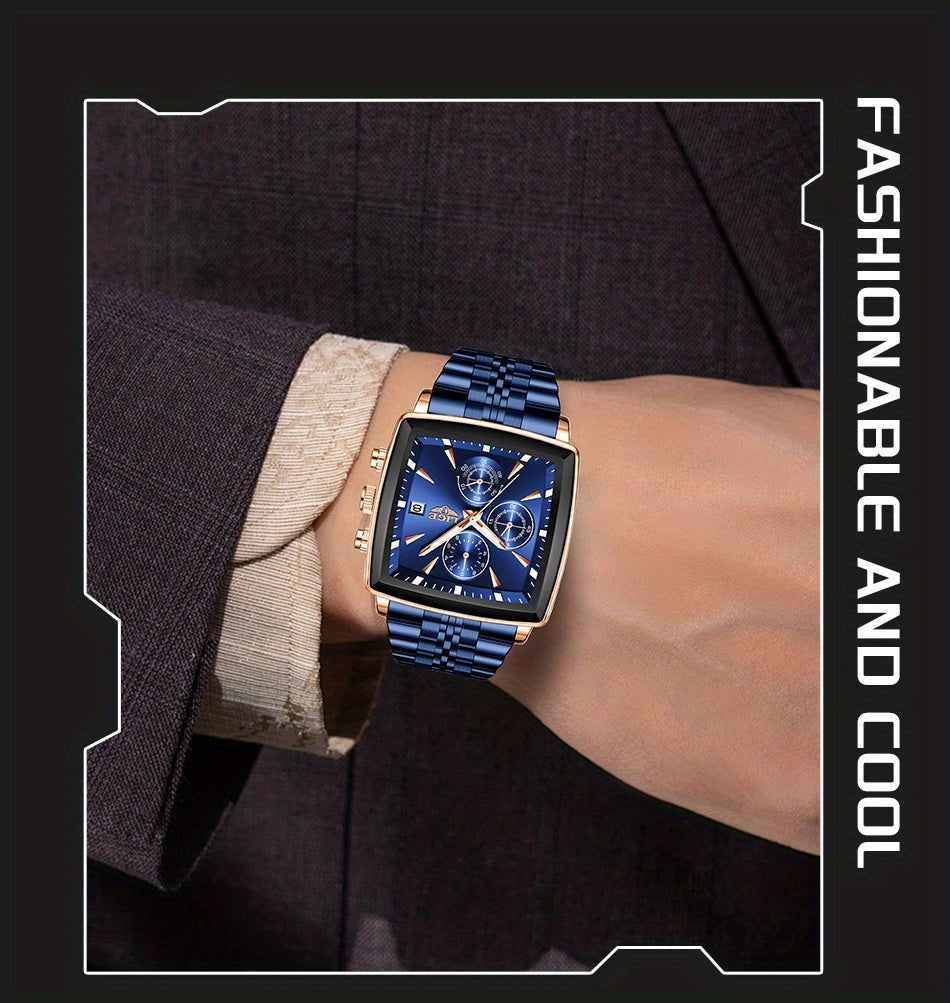 Men's 2025 Fashion Square Watch – Calendar Display, Sports & Casual Style, Stainless Steel | Available in Blue, Black & Gold