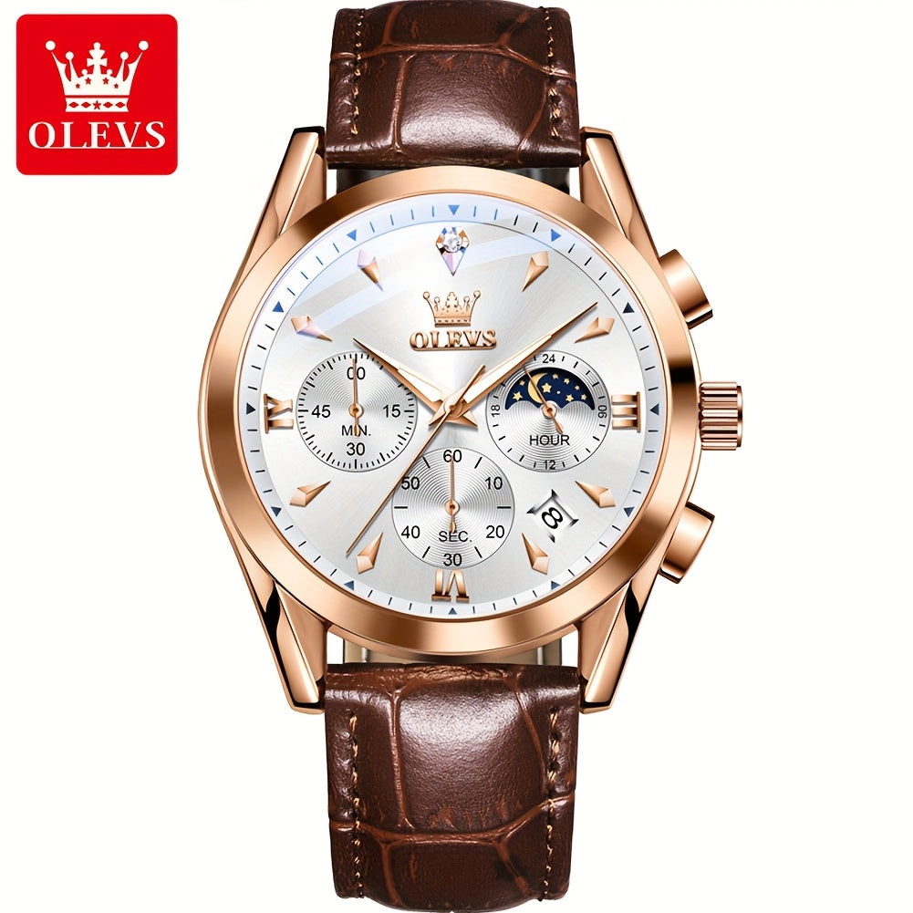Men's Luxury Luminous Quartz Watch with Date & Day Display, Stainless Steel Case & PU Leather Strap, Rose Golden Accents - Business Casual Wristwatch for Formal & Casual Attire