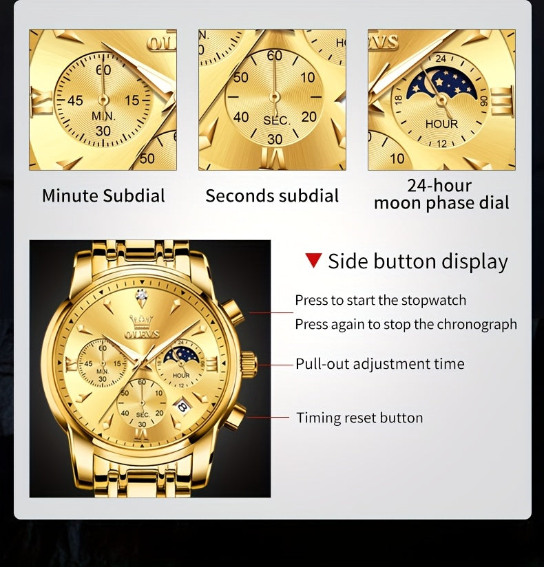 Men’s Luxury Two‑Tone Chronograph Watch – Moon Phase, Date, Luminous Hands, Stainless Steel Business Dress Quartz Wristwatch