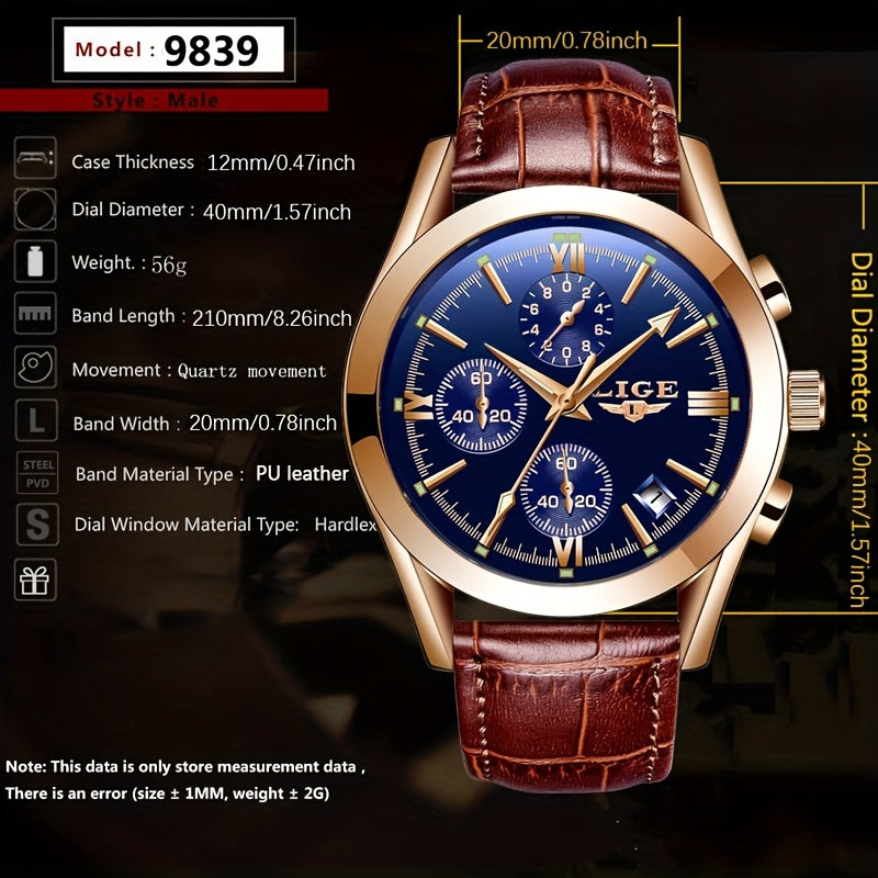 Men’s Luxury Waterproof Quartz Watch – Rose Gold Accents, Brown Leather Strap, Black Dial | Elegant & Versatile Dress Wristwatch