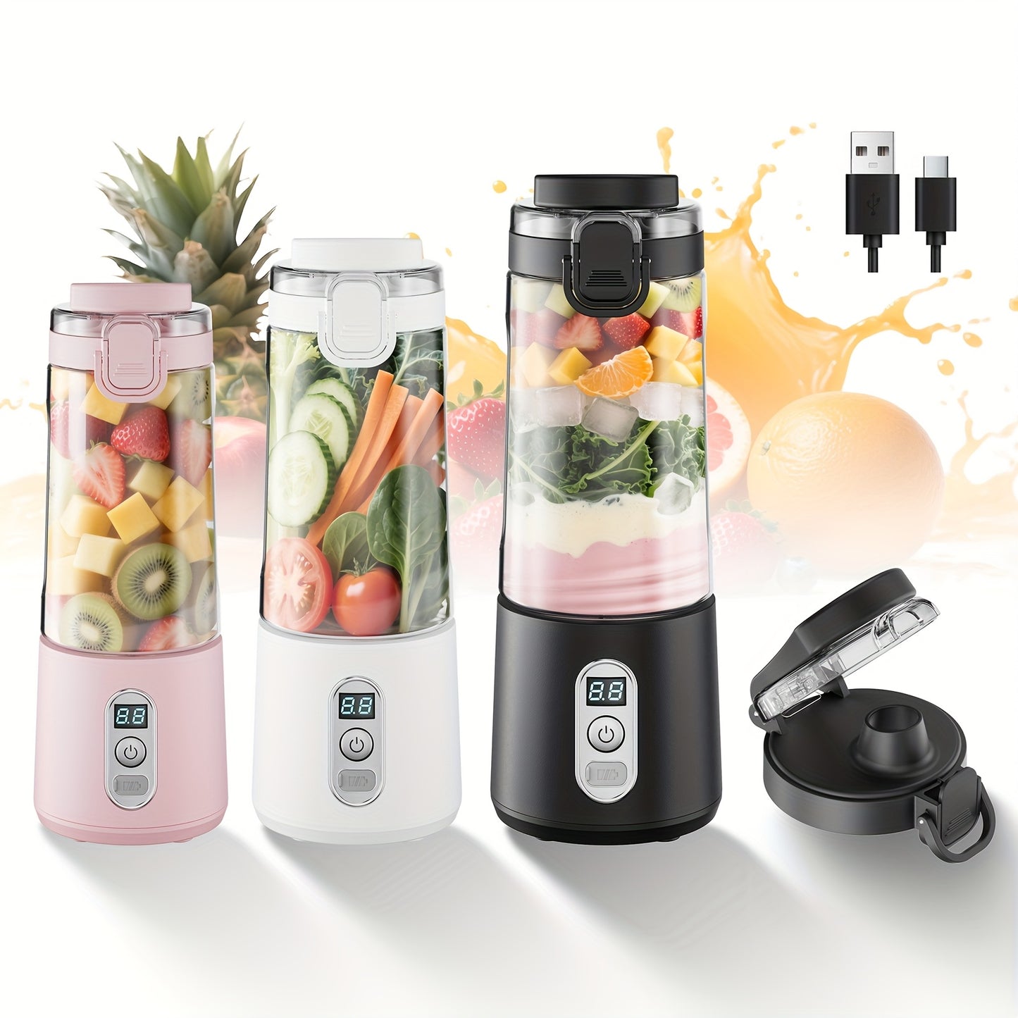 Portable Smart Smoothie Blender – 6-Blade Stainless Steel, Digital Timer & Battery Display | USB-C Fast Charge Personal Juicer