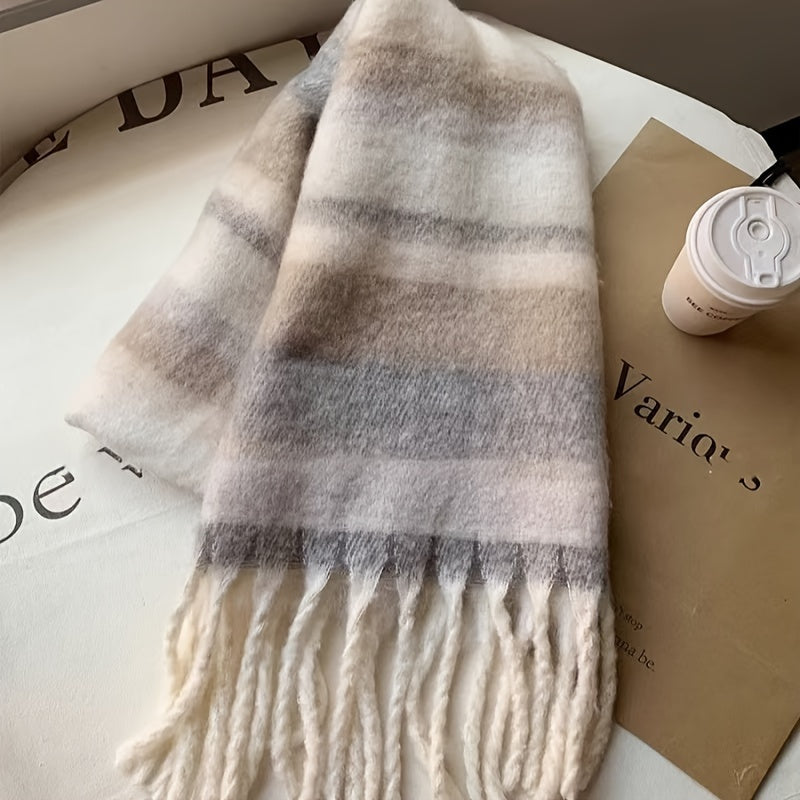 Women's Bohemian Striped Winter Scarf & Shawl – Thick, Windproof Wrap with Fringe Trim | Cozy Polyester for Jackets & Coats (Beige, Brown, Pink)