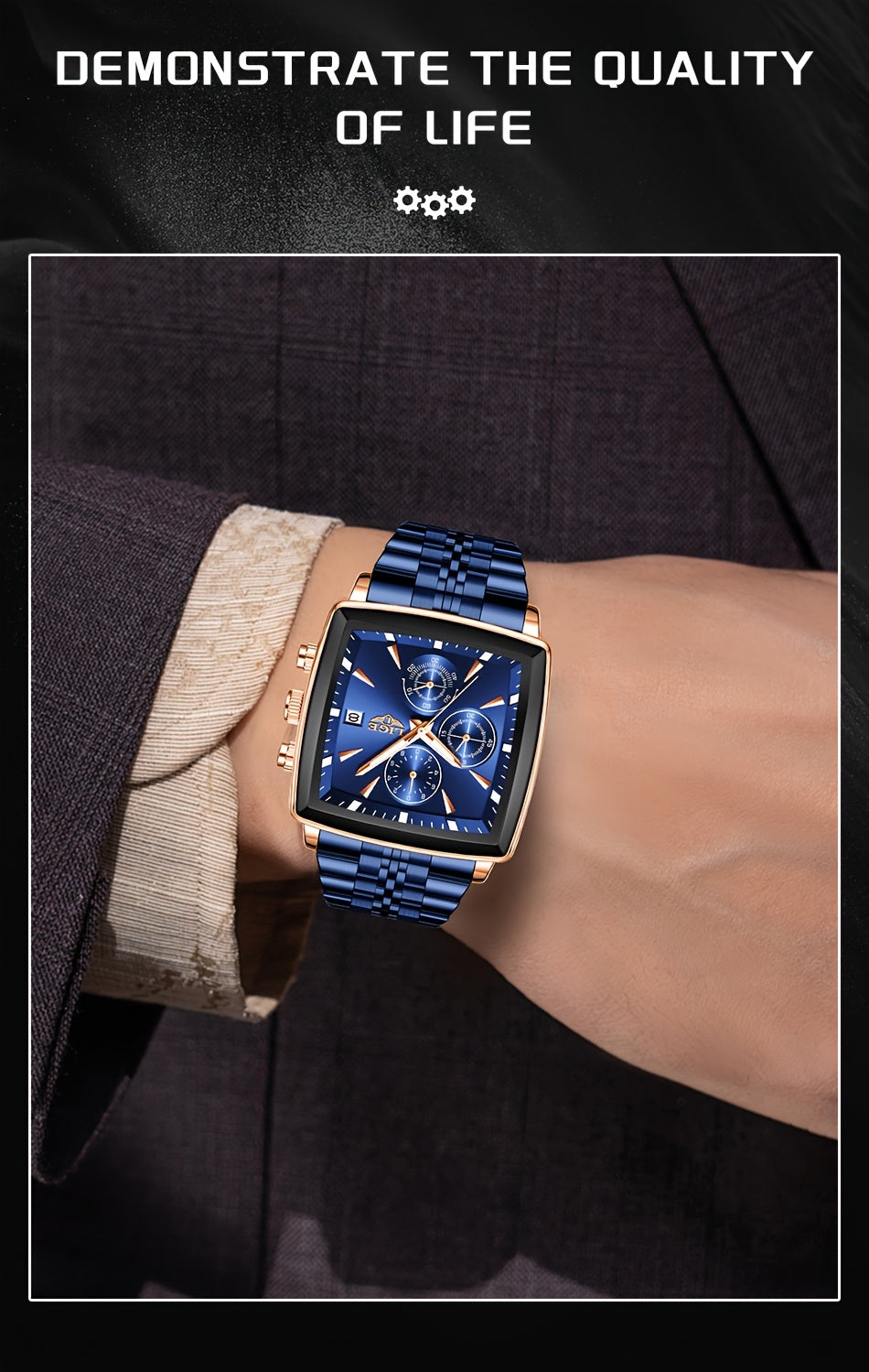 Men's 2025 Fashion Square Watch – Calendar Display, Sports & Casual Style, Stainless Steel | Available in Blue, Black & Gold