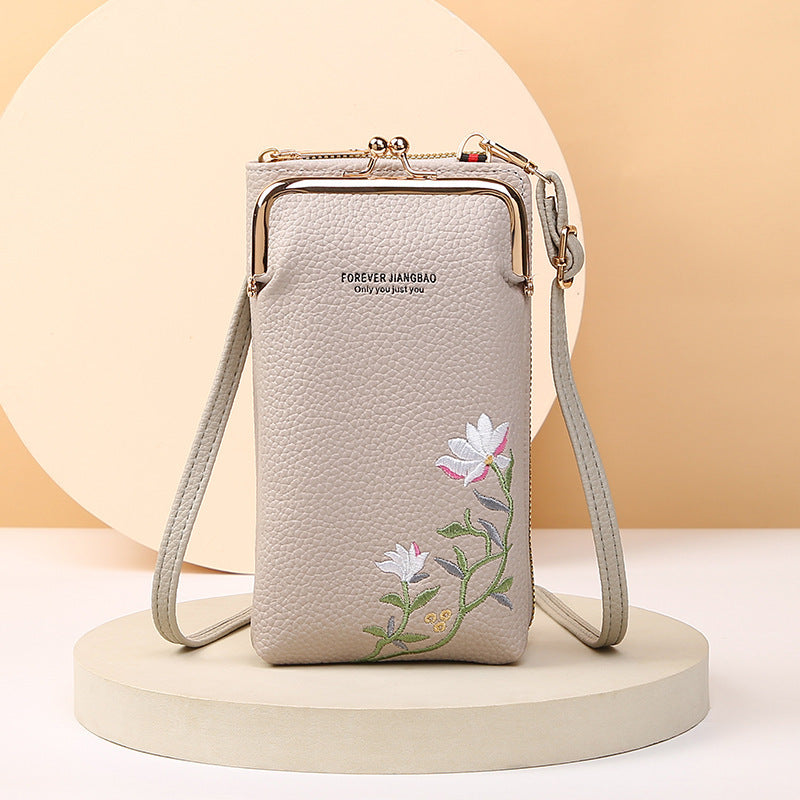 Women's Embroidered Floral Phone Bag & Wallet – PU Leather Crossbody Purse with Secure Lock Buckle | Compact Outdoor Shoulder Holder