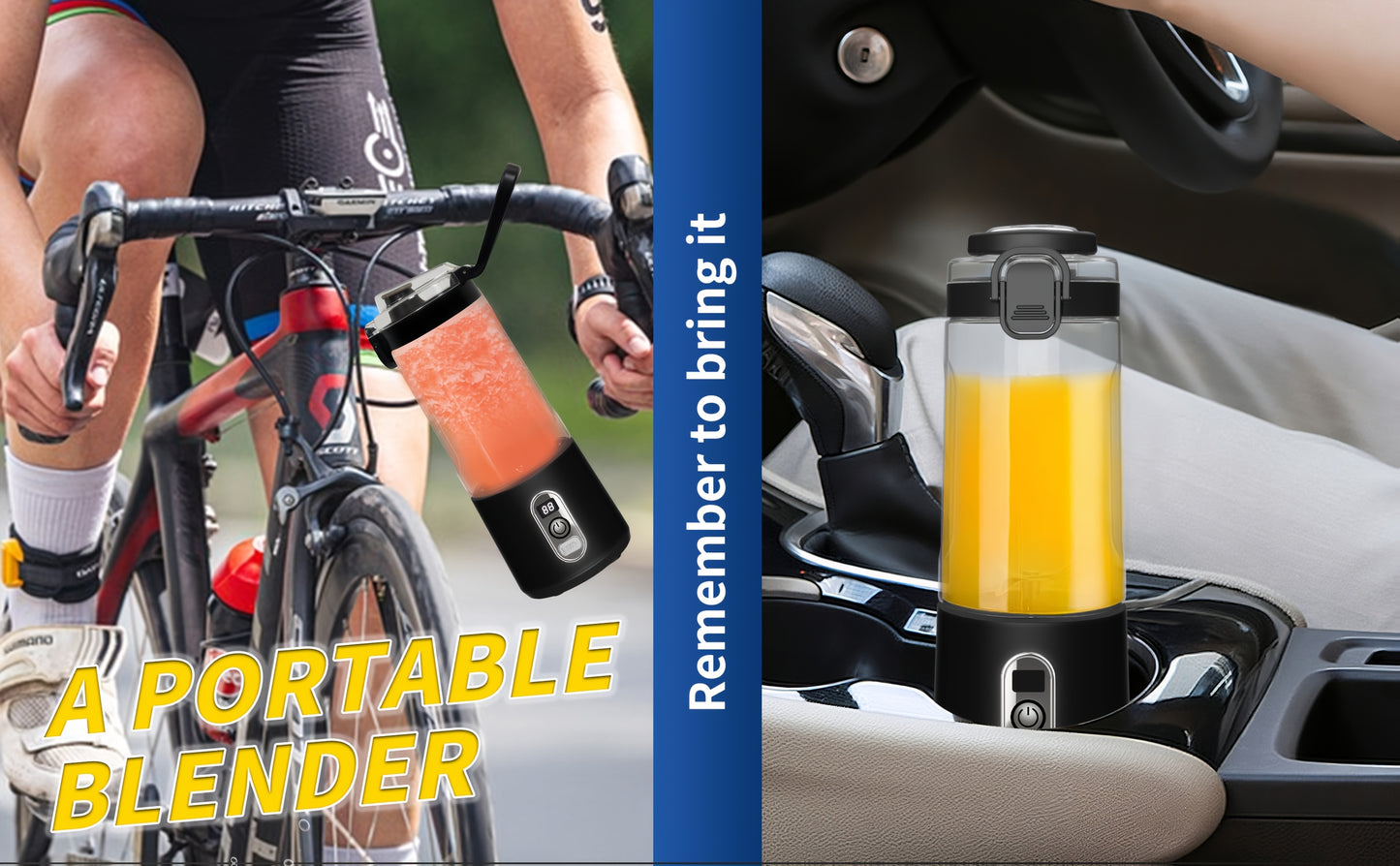 Portable Smart Smoothie Blender – 6-Blade Stainless Steel, Digital Timer & Battery Display | USB-C Fast Charge Personal Juicer