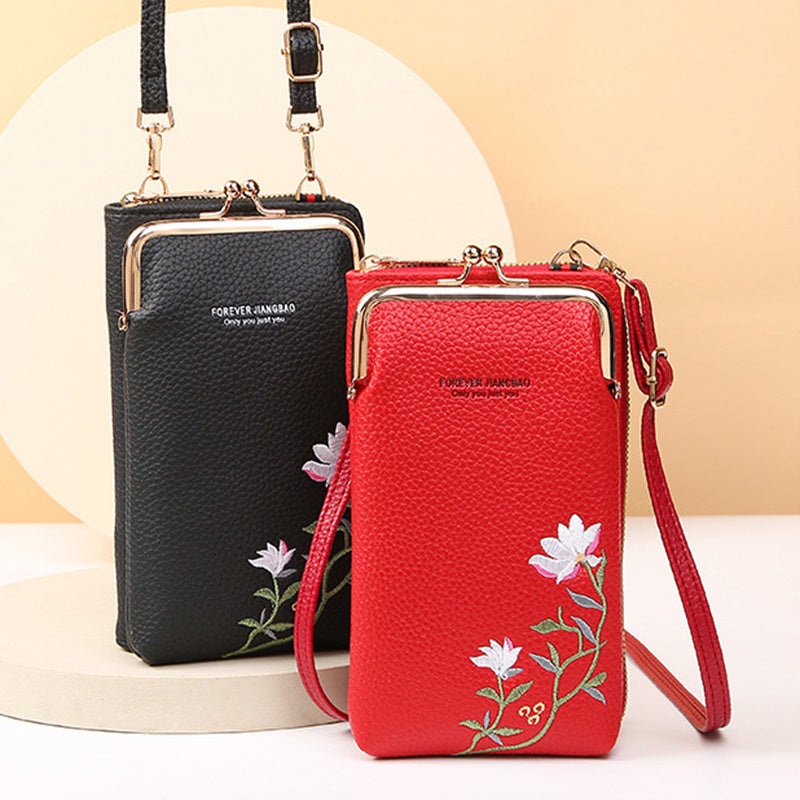 Women's Embroidered Floral Phone Bag & Wallet – PU Leather Crossbody Purse with Secure Lock Buckle | Compact Outdoor Shoulder Holder