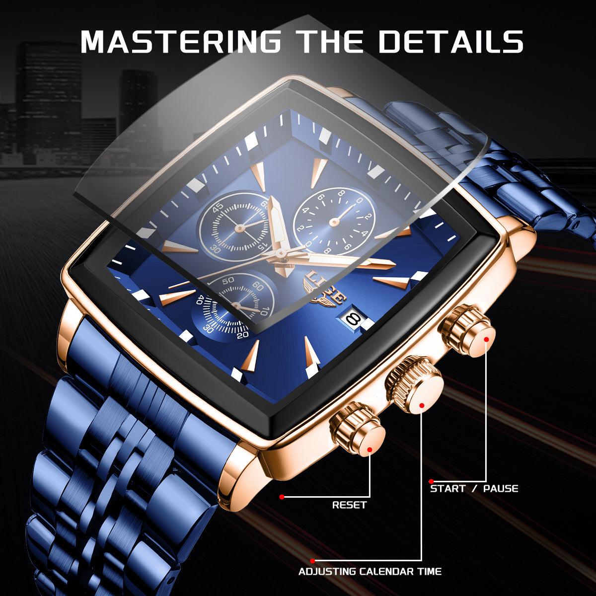 Men's 2025 Fashion Square Watch – Calendar Display, Sports & Casual Style, Stainless Steel | Available in Blue, Black & Gold