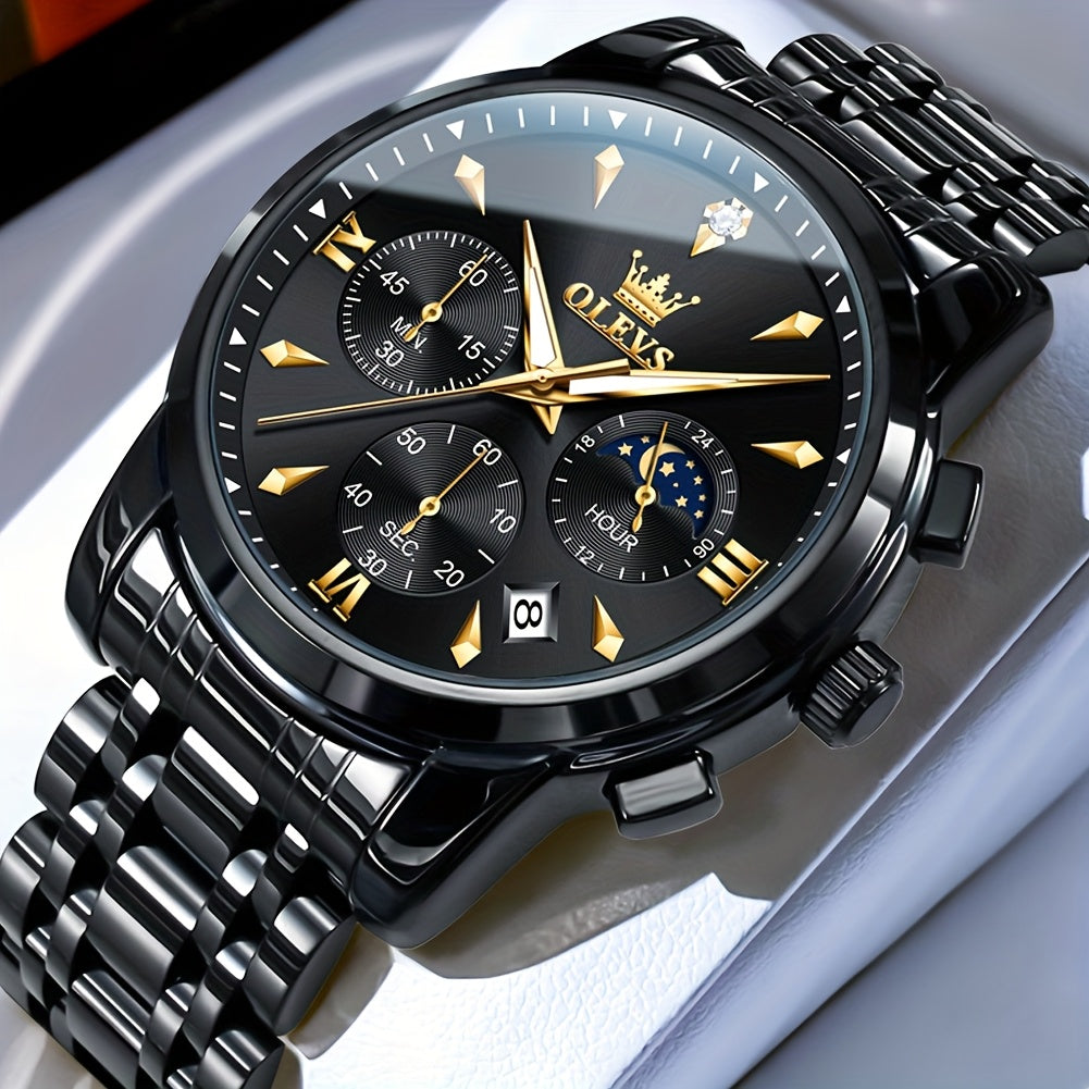 Men’s Luxury Two‑Tone Chronograph Watch – Moon Phase, Date, Luminous Hands, Stainless Steel Business Dress Quartz Wristwatch