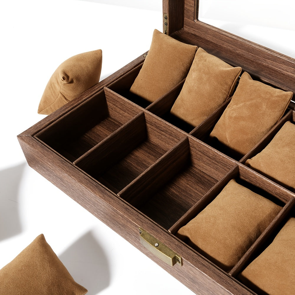 Watch Box 12 Slots, Watch Case Organizer With Real Glass Lid, Wood Grain PU Leather Watch Display Storage Box With Removable Imitation Suede Watch Pillows, Metal Clasp, Decorative Jewelry Boxes
