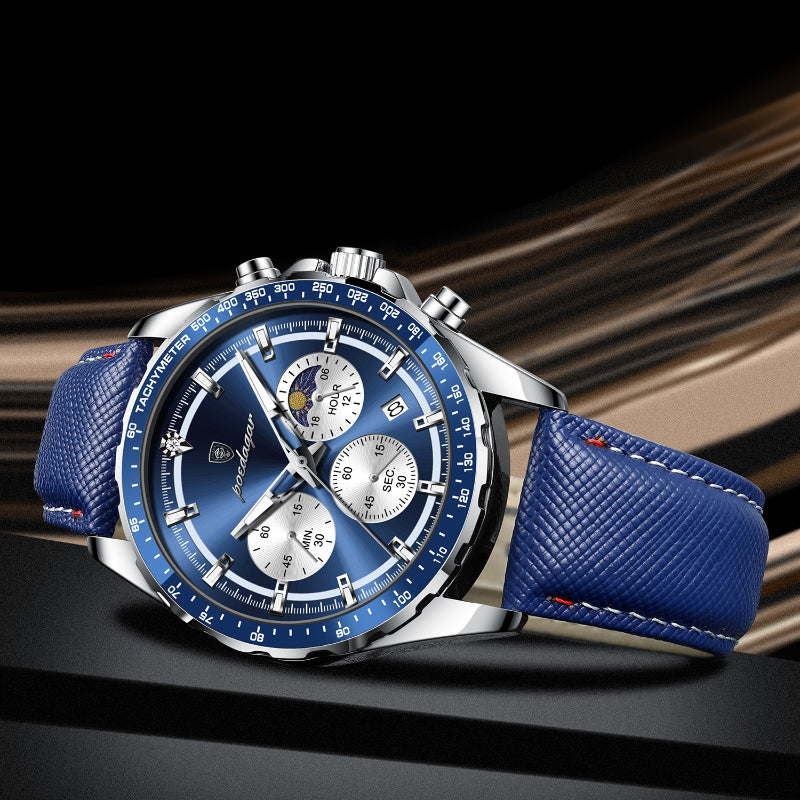 Men's Glow-in-the-Dark Quartz Watch – Luminous Hands &amp; Markers, Chronograph, Date, 3ATM Water Resistant, Leather Strap