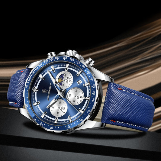 Men's Glow-in-the-Dark Quartz Watch – Luminous Hands &amp; Markers, Chronograph, Date, 3ATM Water Resistant, Leather Strap