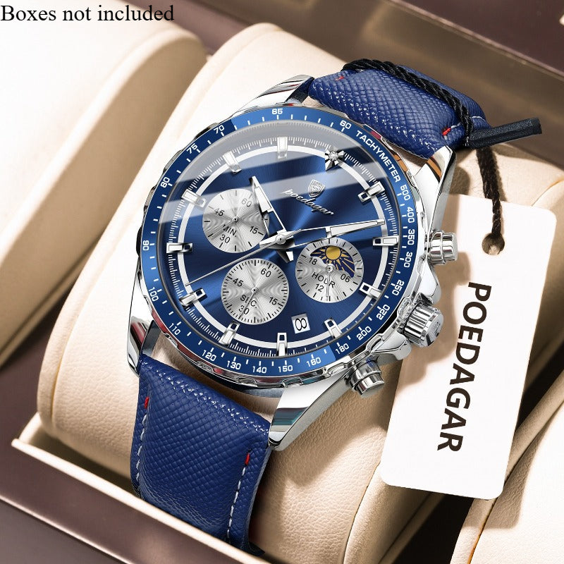 Men's Glow-in-the-Dark Quartz Watch – Luminous Hands &amp; Markers, Chronograph, Date, 3ATM Water Resistant, Leather Strap