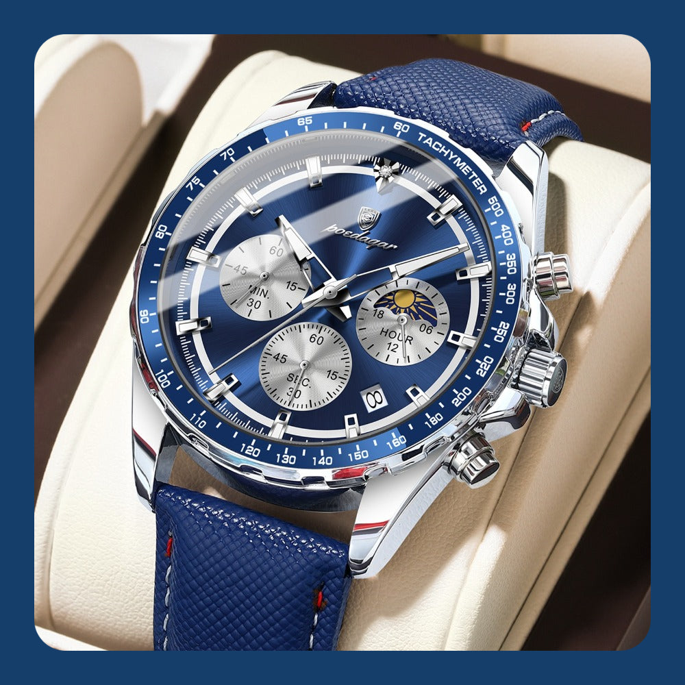 Men's Glow-in-the-Dark Quartz Watch – Luminous Hands &amp; Markers, Chronograph, Date, 3ATM Water Resistant, Leather Strap