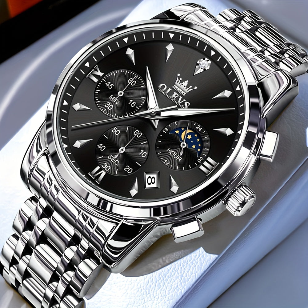 Men’s Luxury Two‑Tone Chronograph Watch – Moon Phase, Date, Luminous Hands, Stainless Steel Business Dress Quartz Wristwatch