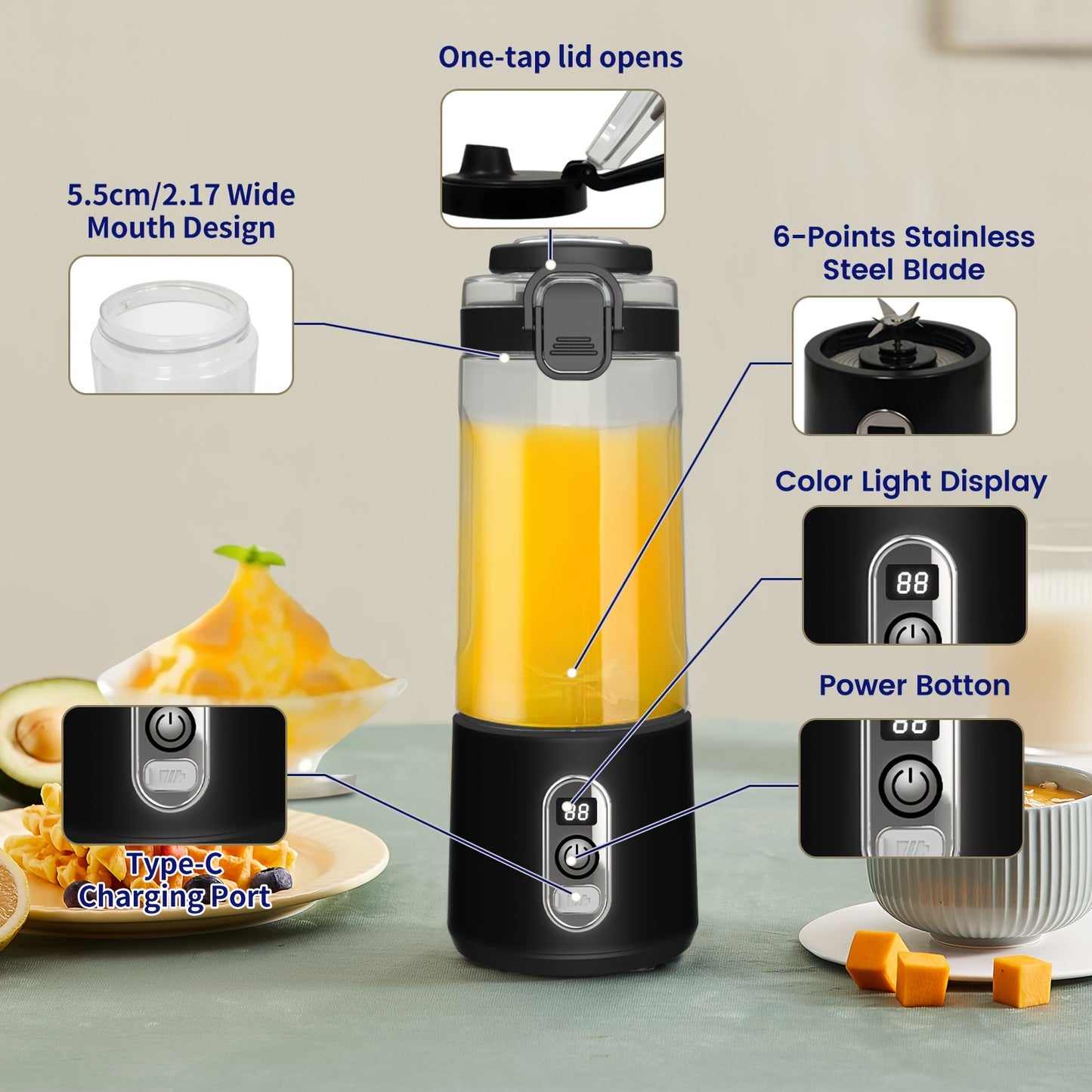 Portable Smart Smoothie Blender – 6-Blade Stainless Steel, Digital Timer & Battery Display | USB-C Fast Charge Personal Juicer