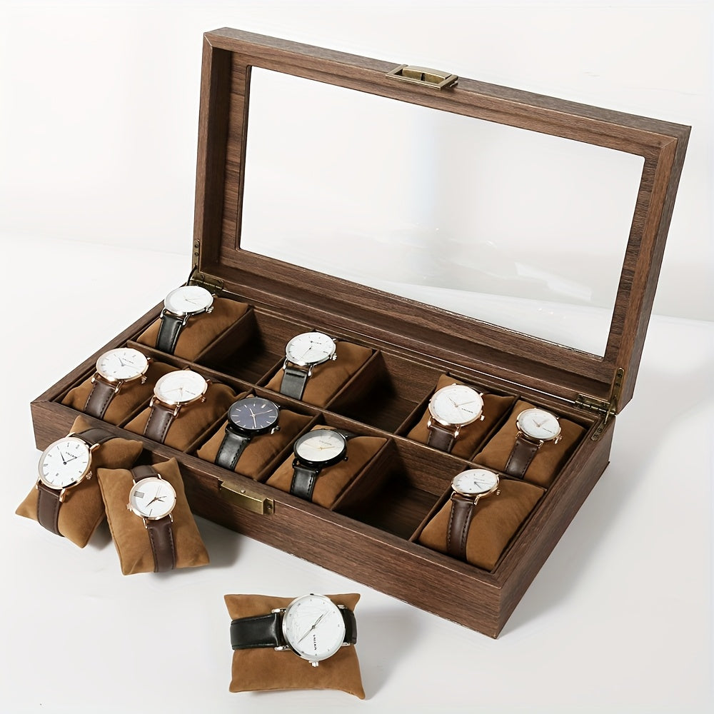 Watch Box 12 Slots, Watch Case Organizer With Real Glass Lid, Wood Grain PU Leather Watch Display Storage Box With Removable Imitation Suede Watch Pillows, Metal Clasp, Decorative Jewelry Boxes