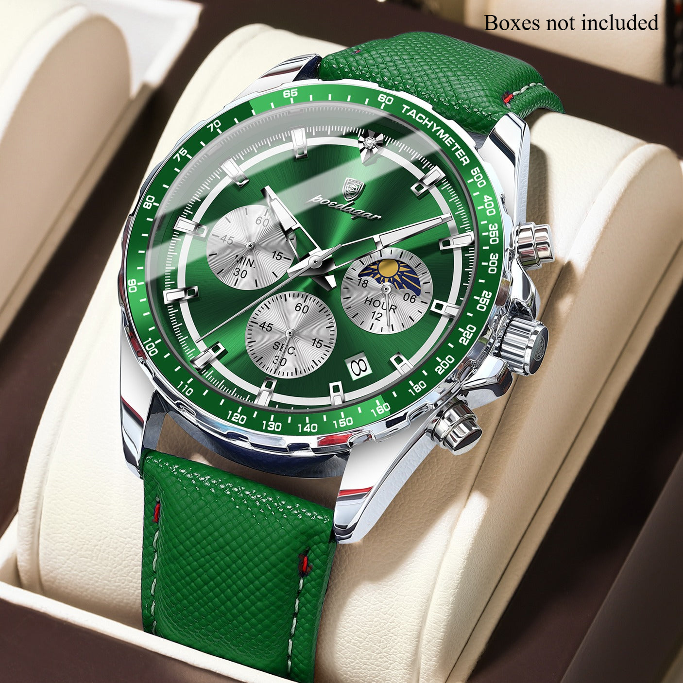 Men's Glow-in-the-Dark Quartz Watch – Luminous Hands &amp; Markers, Chronograph, Date, 3ATM Water Resistant, Leather Strap