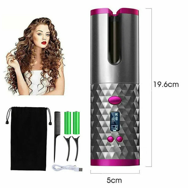 Cordless Auto-Rotating Hair Curler with LCD Display – Wireless Ceramic Curling Iron | Portable Rechargeable Waver for Effortless Curls & Waves Anywhere