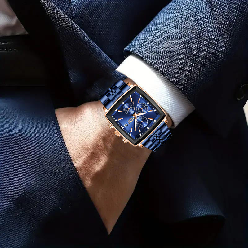 Men's 2025 Fashion Square Watch – Calendar Display, Sports & Casual Style, Stainless Steel | Available in Blue, Black & Gold