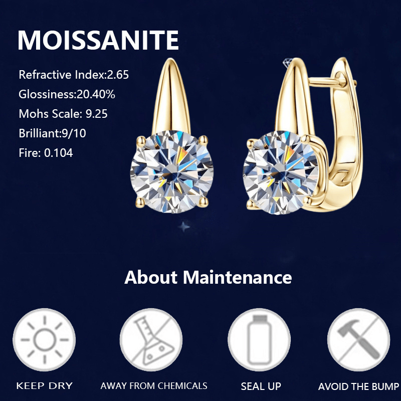 2 Carat Moissanite Stud Earrings – Genuine 925 Silver & 14K Gold Plated, Four-Prong Setting | Luxury Gift Box Included