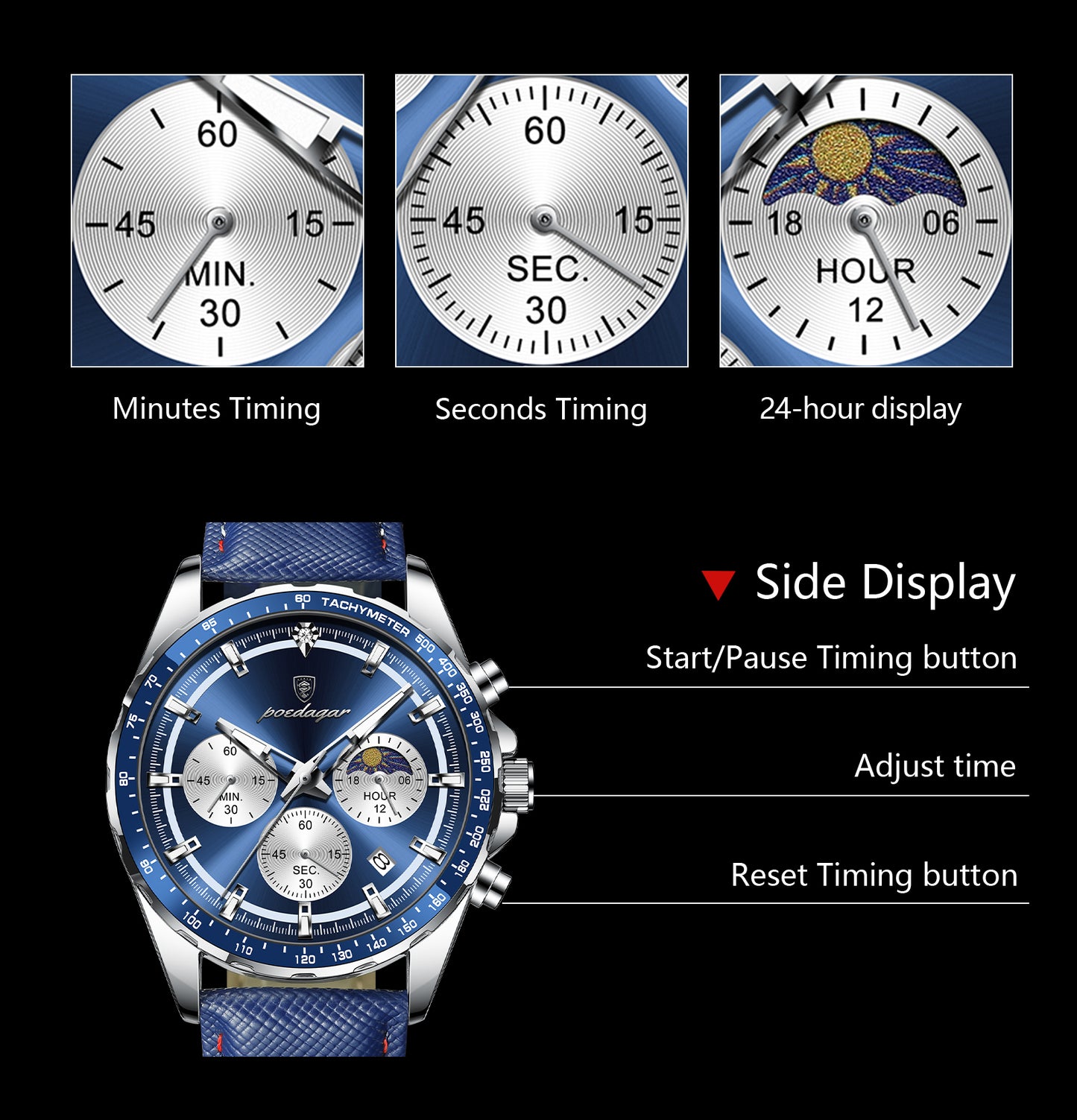 Men's Glow-in-the-Dark Quartz Watch – Luminous Hands &amp; Markers, Chronograph, Date, 3ATM Water Resistant, Leather Strap