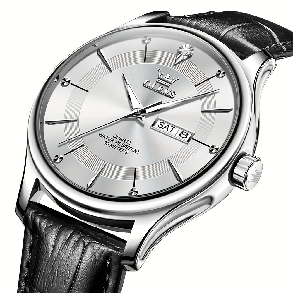 Men's Large Face Quartz Watch – Luminous Hands, Date & Day Display, Stainless Steel Strap | Blue, Gray & White Dial Options