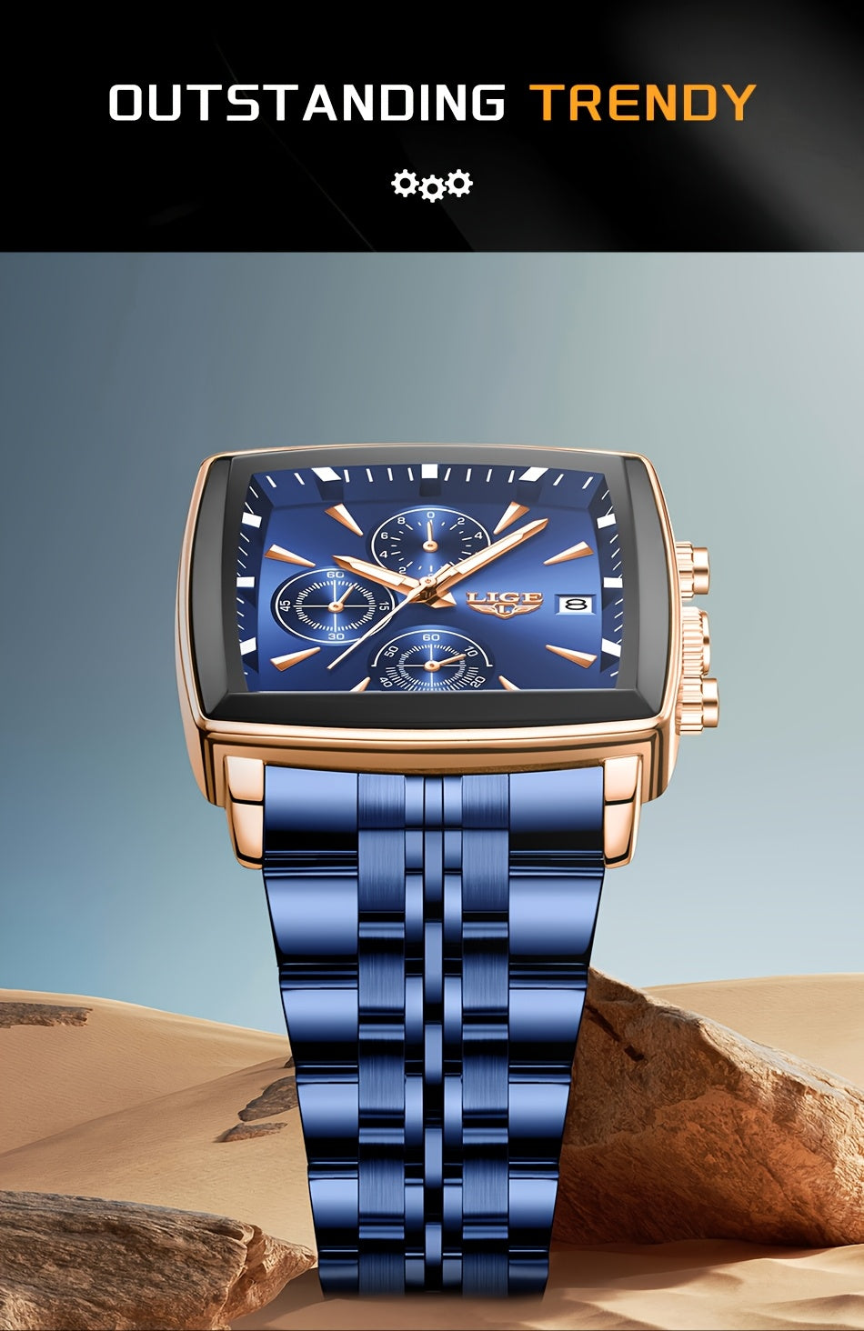 Men's 2025 Fashion Square Watch – Calendar Display, Sports & Casual Style, Stainless Steel | Available in Blue, Black & Gold