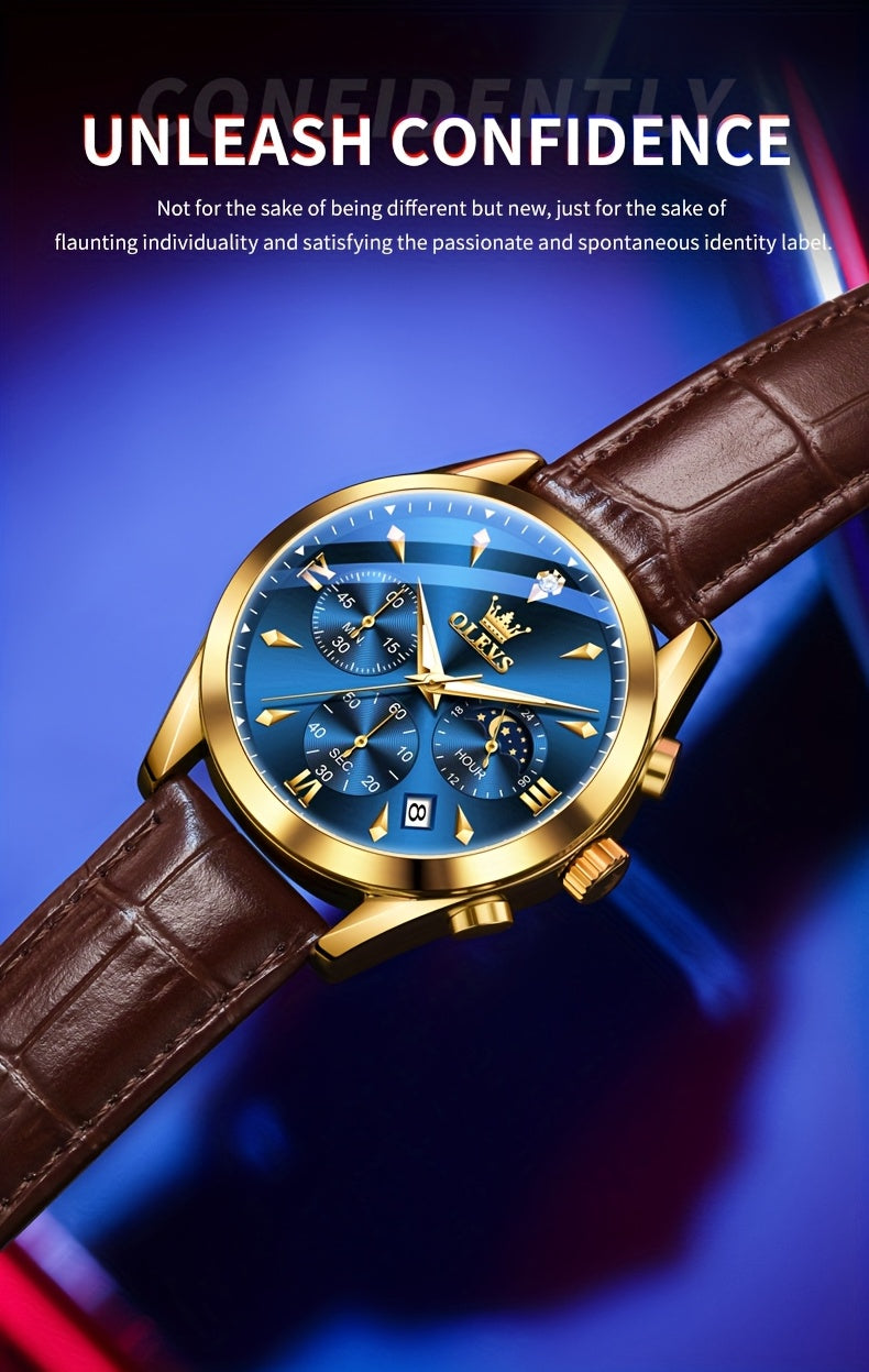 Men's Luxury Luminous Quartz Watch with Date & Day Display, Stainless Steel Case & PU Leather Strap, Rose Golden Accents - Business Casual Wristwatch for Formal & Casual Attire